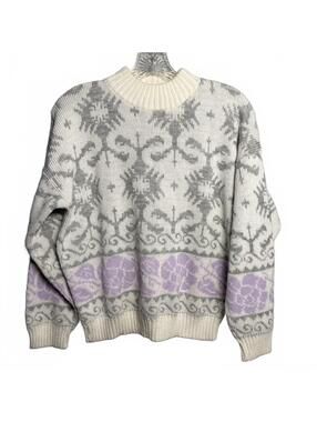 80's Vintage Cream Crew Neck Sweater Purple Floral Size M
